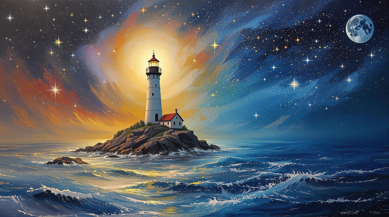 Lighthouse on Starry Sea: Surreal Mixed Media Art