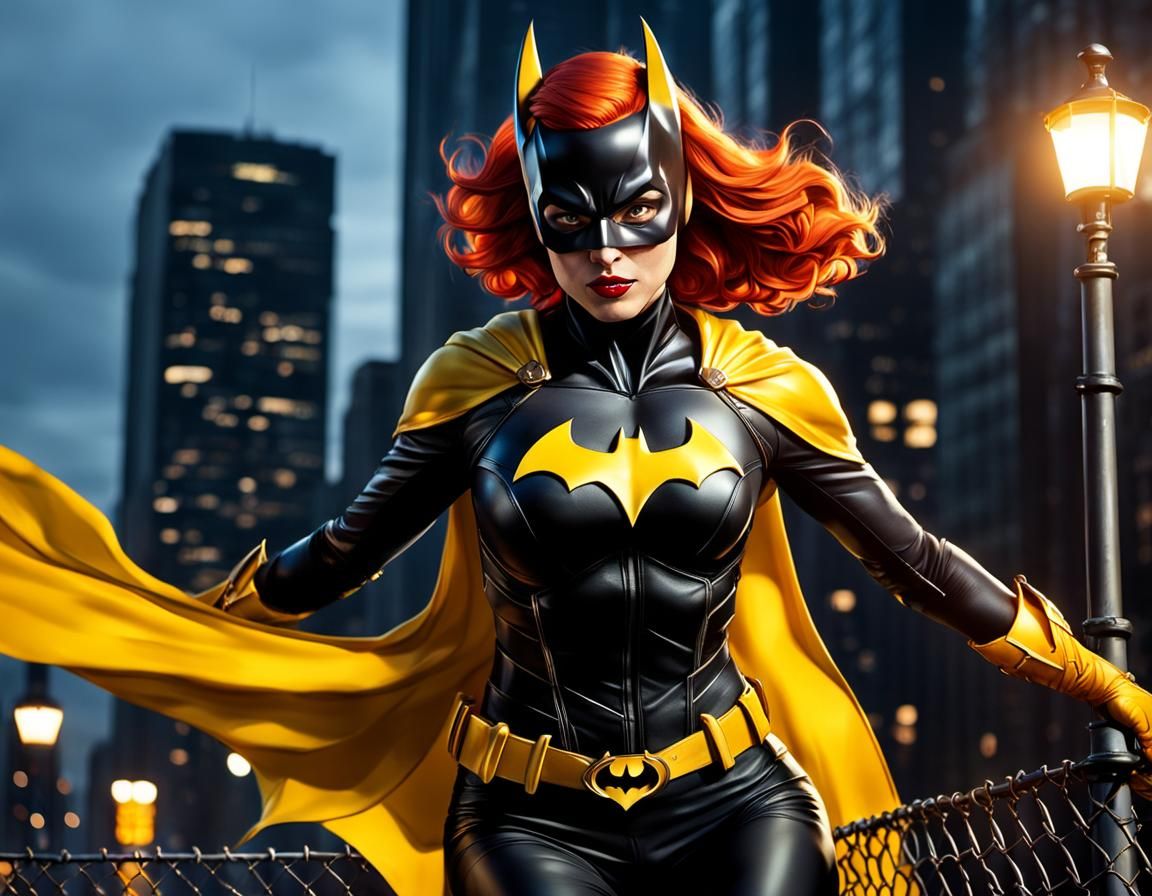 Redhead Batgirl Vaulting in Gotham: Hyperrealistic Action