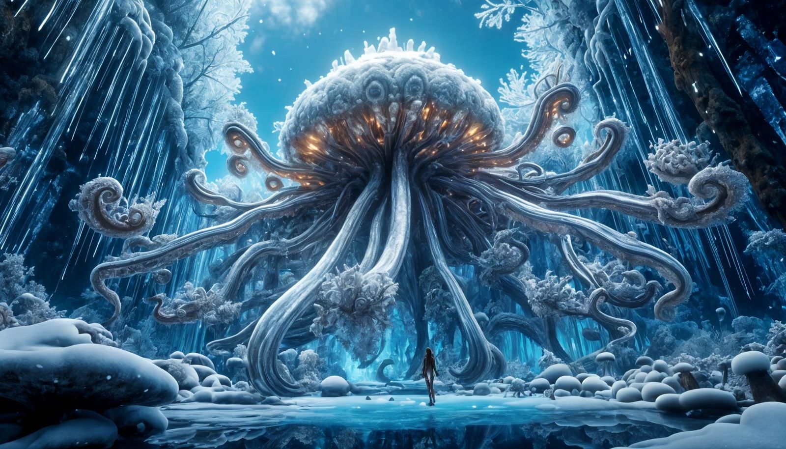 Furry Cephalopod Leaping in Frozen Alien Forest