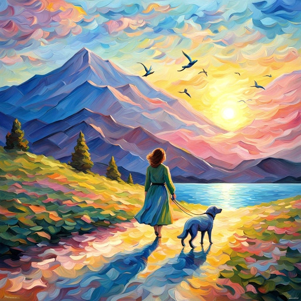 Impressionist Oil Painting of a Woman and Her Dog Walking To...