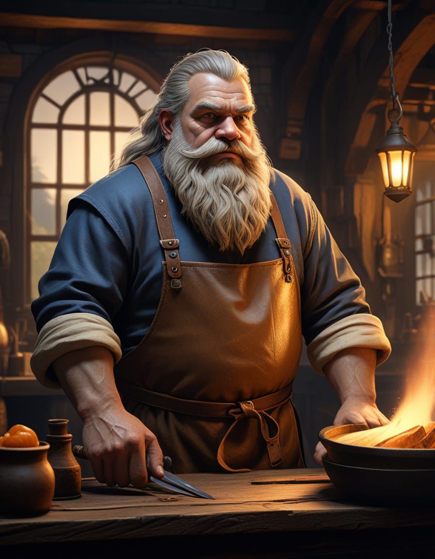 Detailed Dwarf Innkeeper Portrait in High Fantasy Style