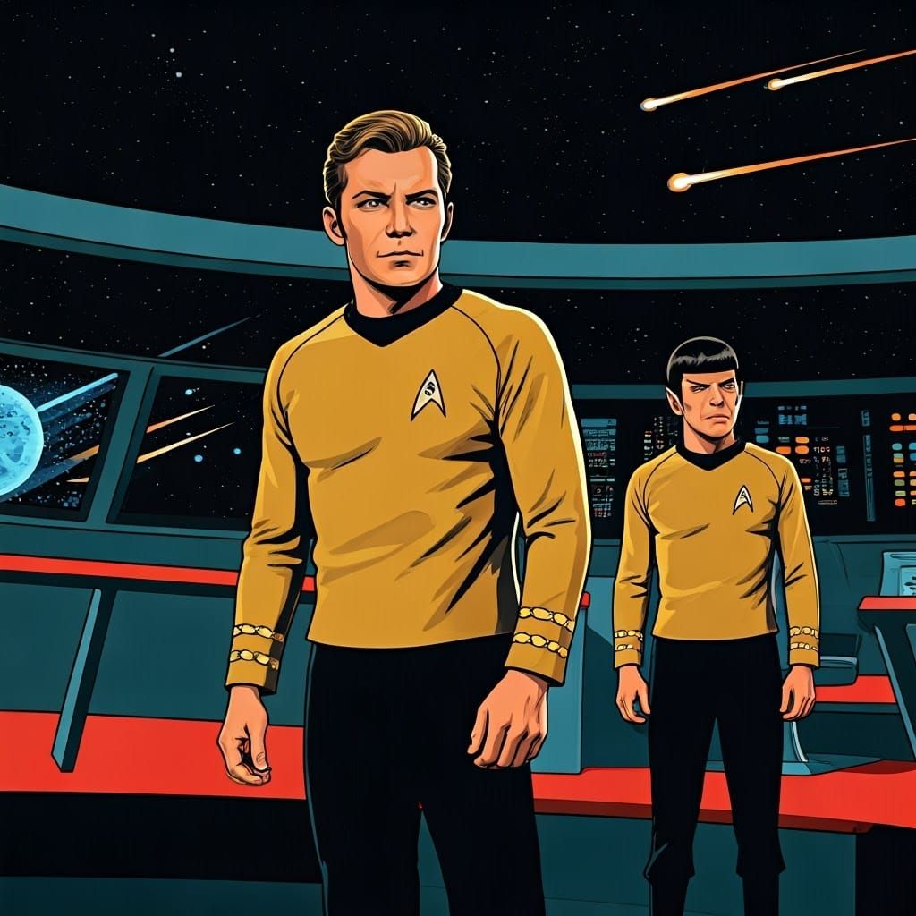 Star Trek, a young Captain Kirk (William Shatner) on the bri...