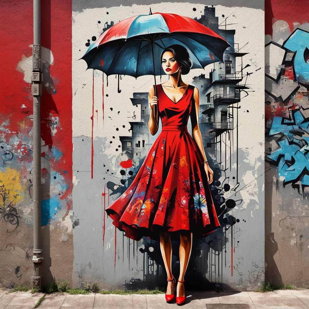 Street Art Mural: Woman in Red Dress with Umbrella