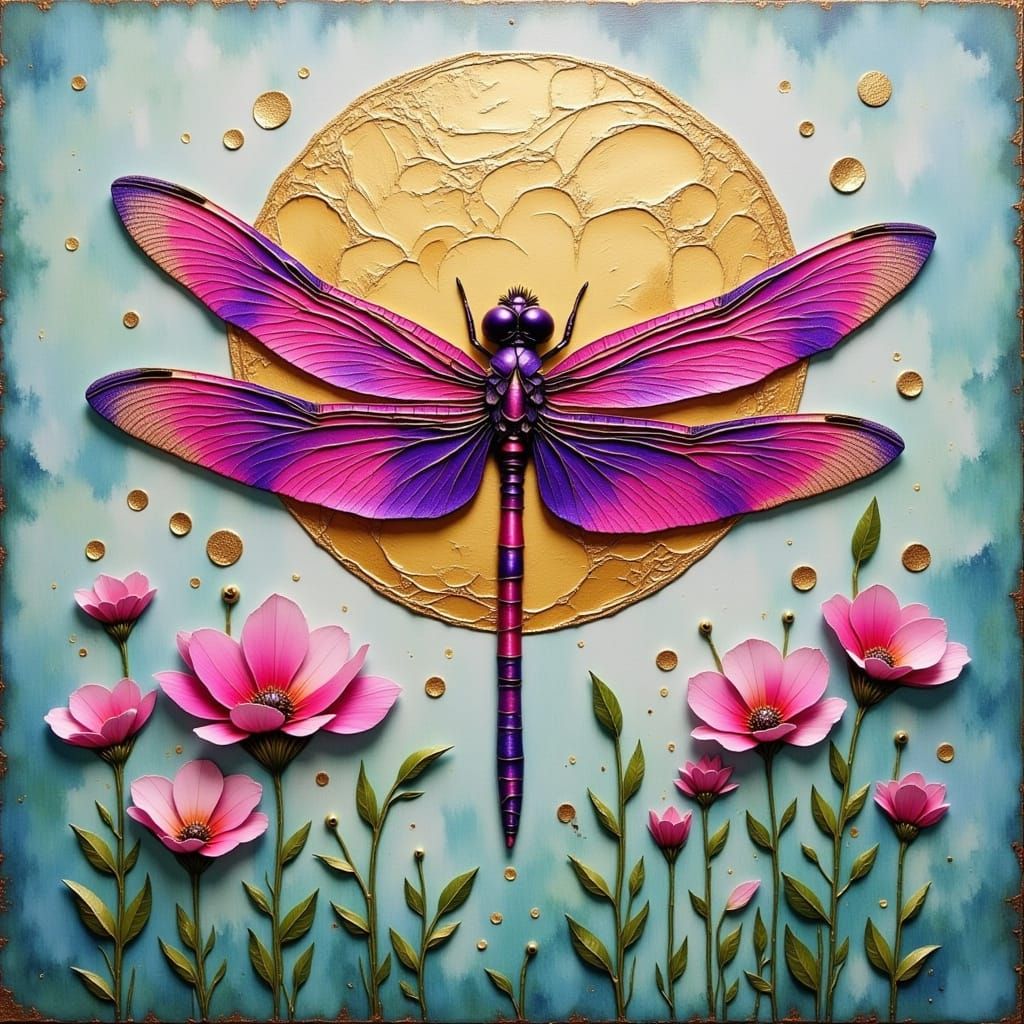 Iridescent Dragonfly in Ethereal Mixed Media Style