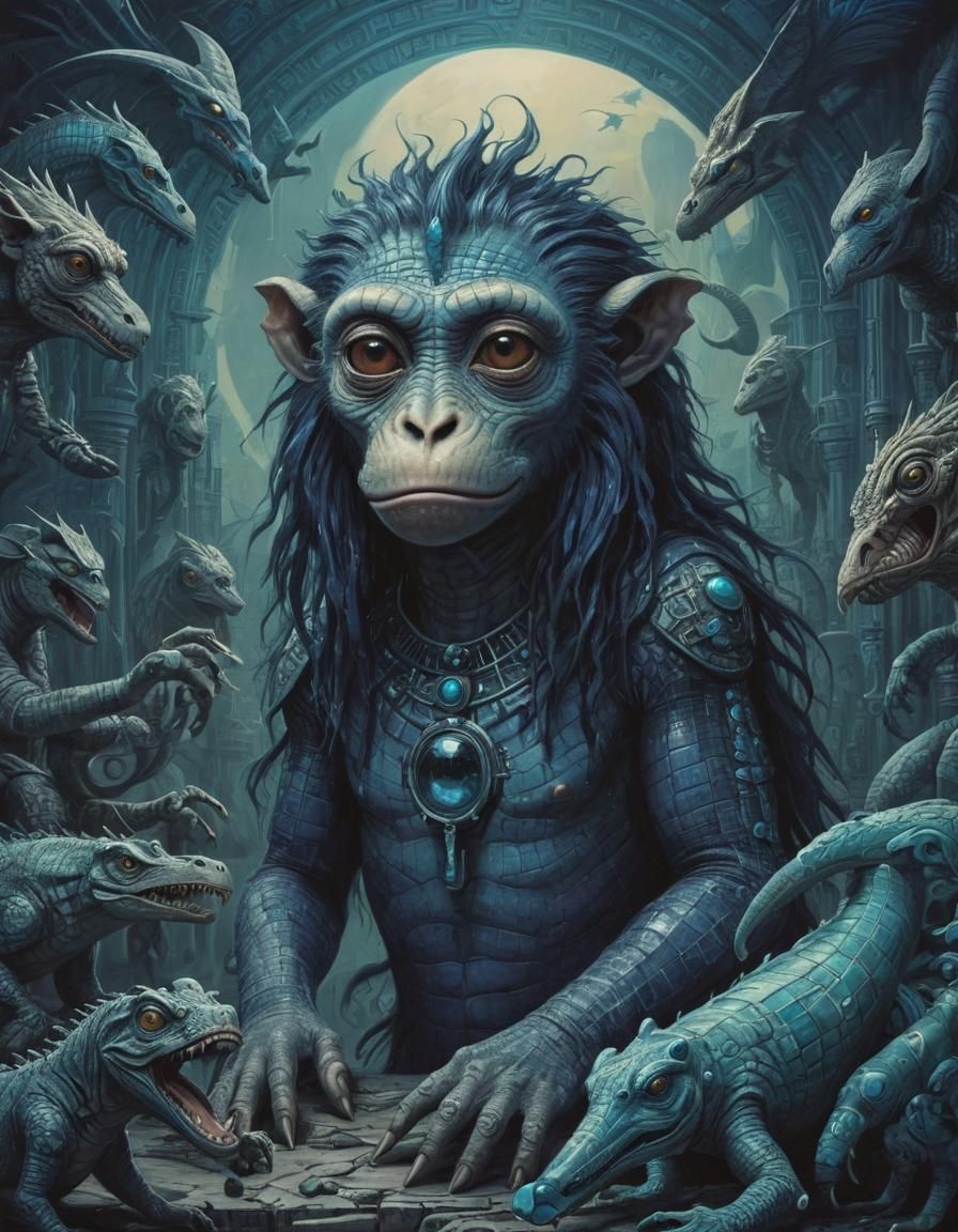 Futuristic Sphinx Monkey Crocodile in Burtonesque Style