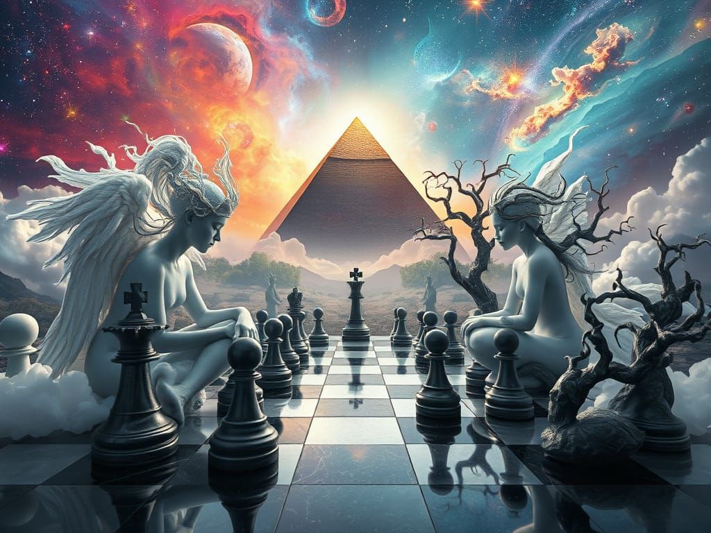 Cosmic Chess Match Between Ethereal Beings in a Vibrant Gala...
