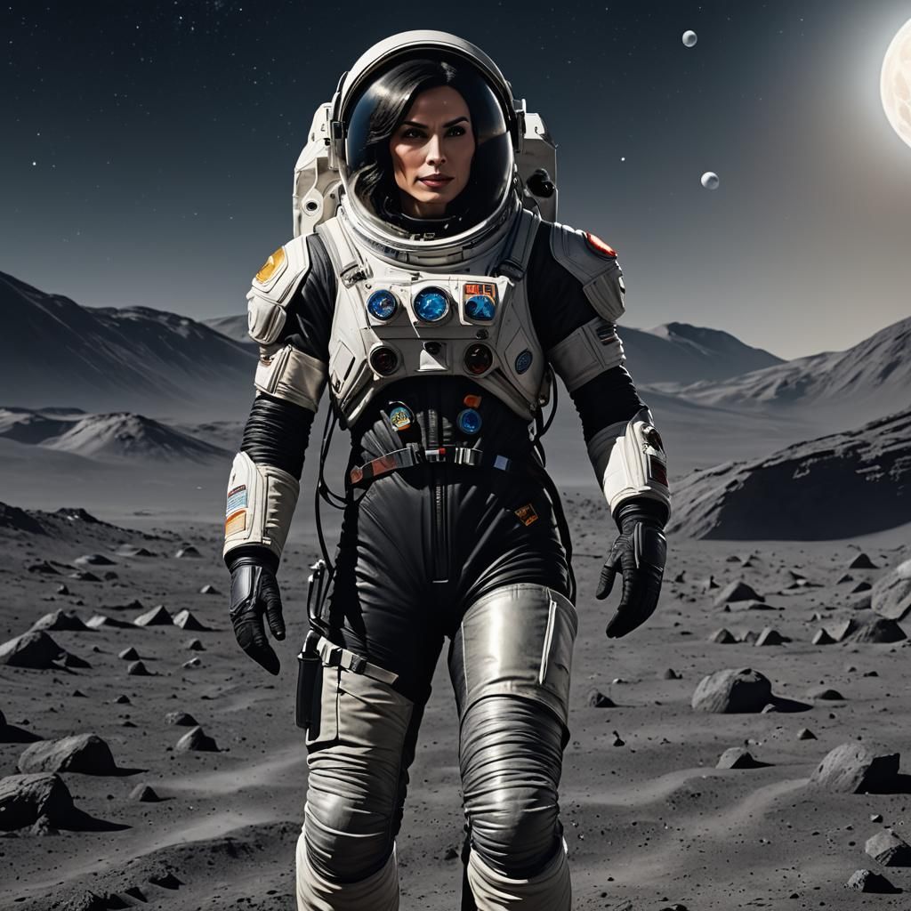 001 Famke Janssen wearing an advanced spacesuit on the moon.