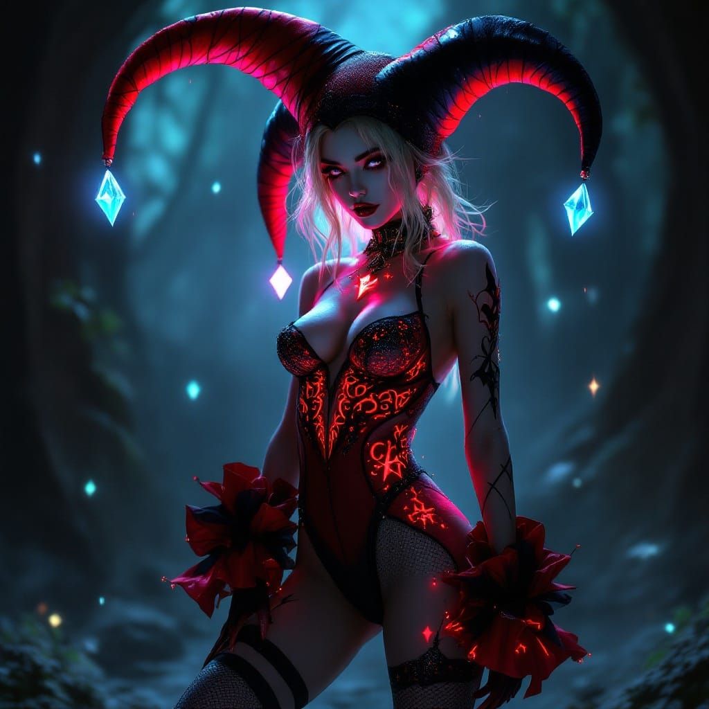 Ethereal Goth Harley Quinn Jester in Intricate Red and Black...