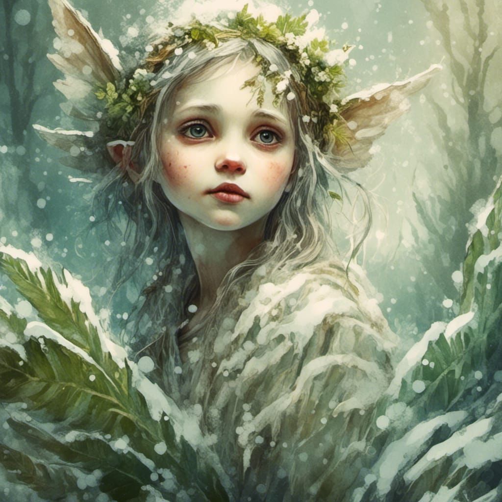 Snow Fairy Planting Ferns in Digital Watercolor