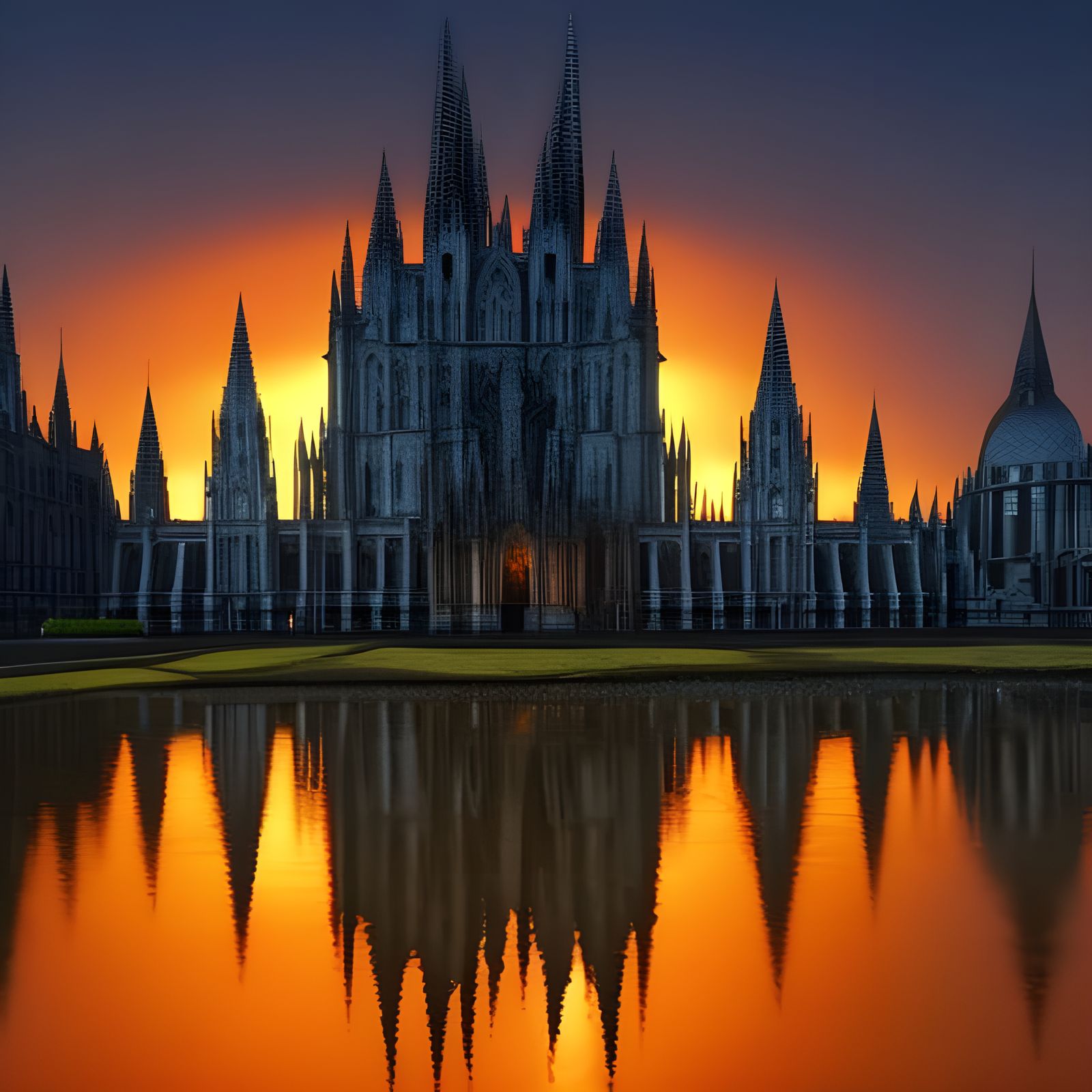 Gothic Cathedral in Golden Sunset Reflection