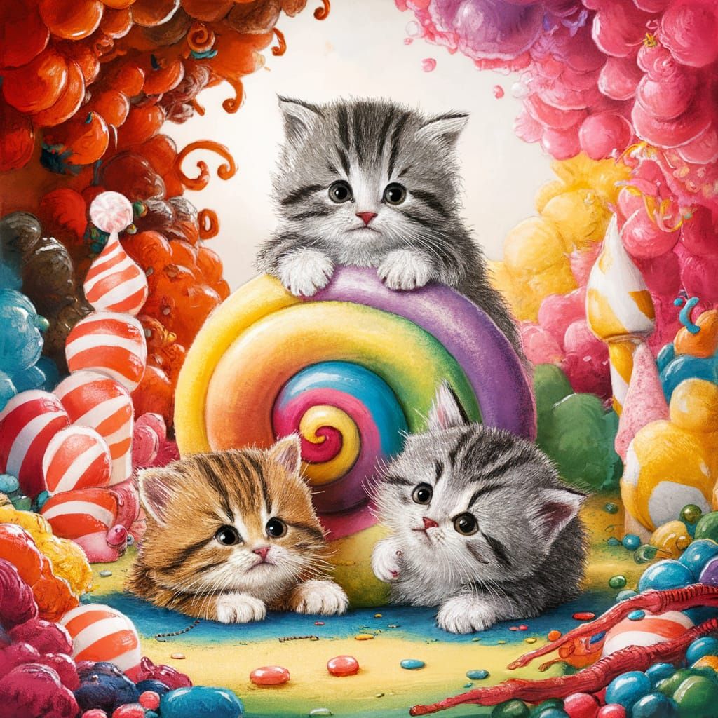 Kittens Play in Candyland Wonderland: Gouache Illustration