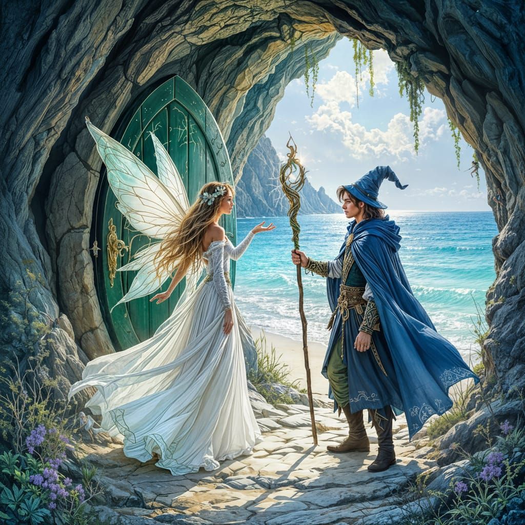 Fairy Beckons Wizard at Emerald Cave Door
