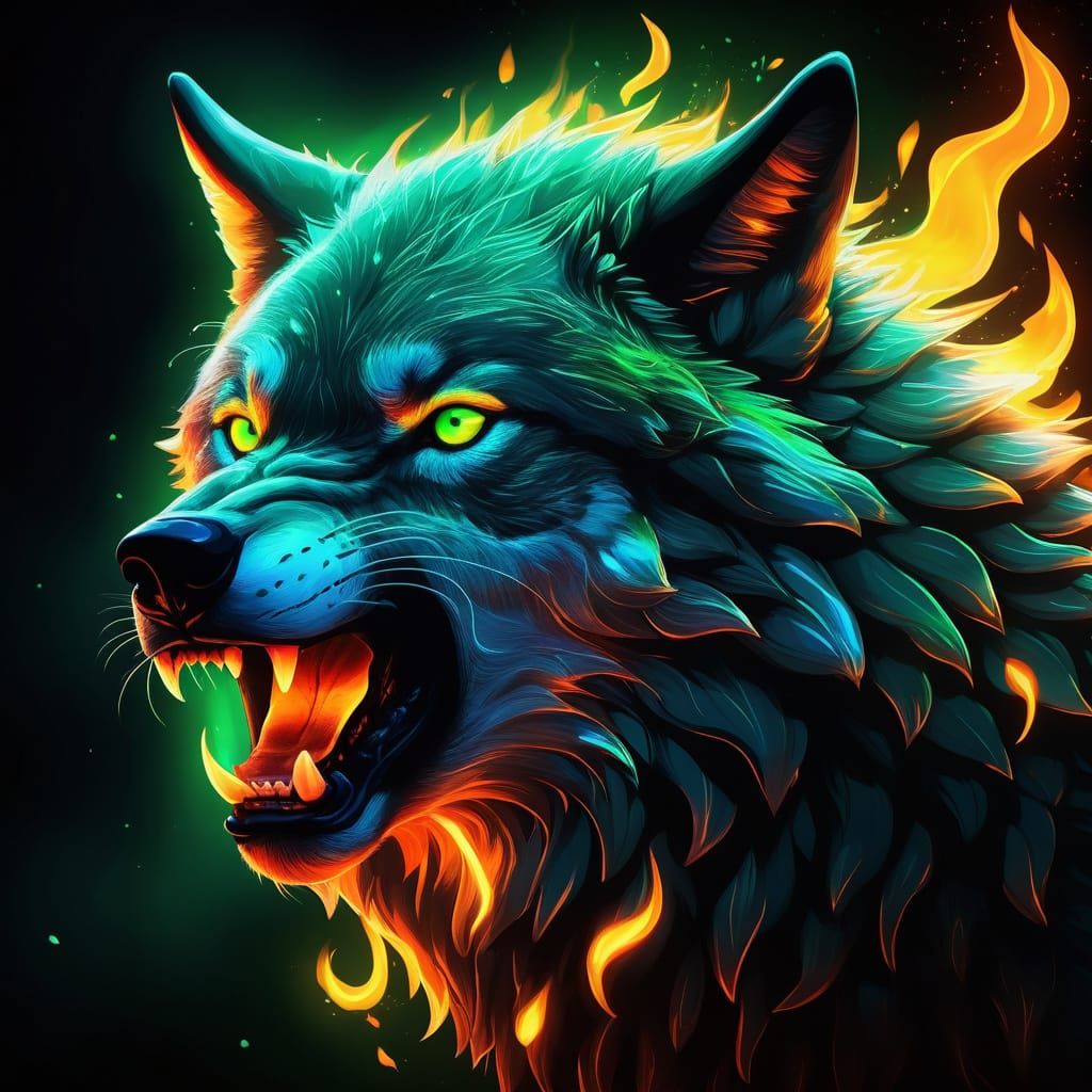 Cyberpunk Fantasy Wolf Ignites with Neon Flames