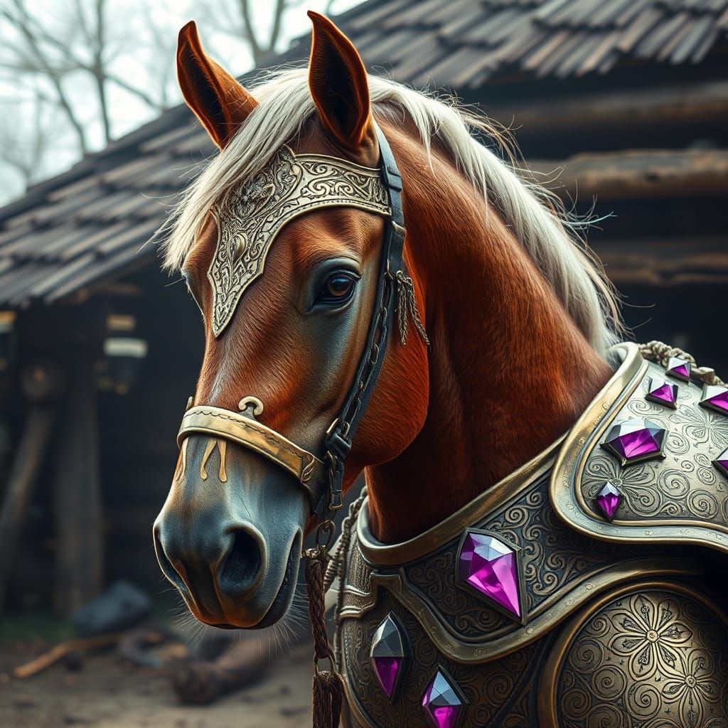 Armored Horse with Diamonds in Dreamy Landscape