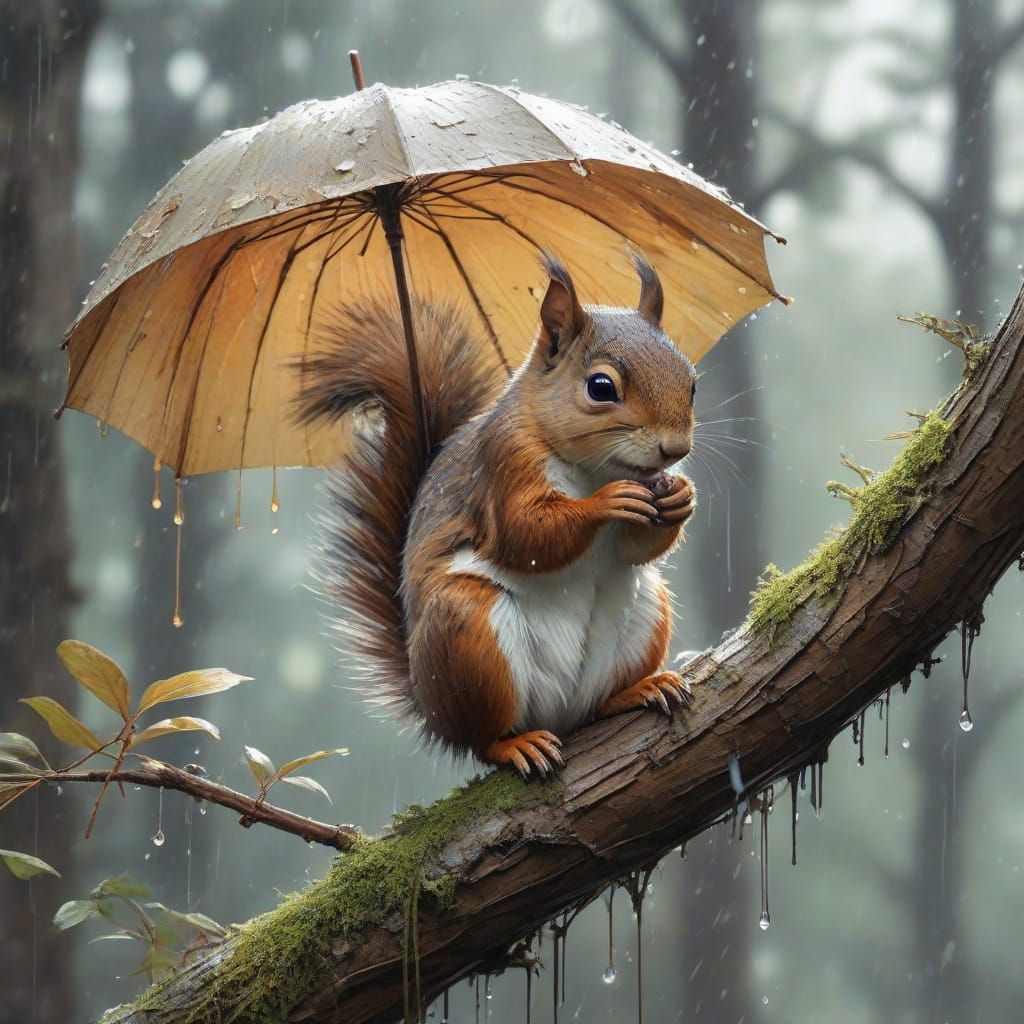 Rainy Woodland Scene with Squirrel in Watercolor Style