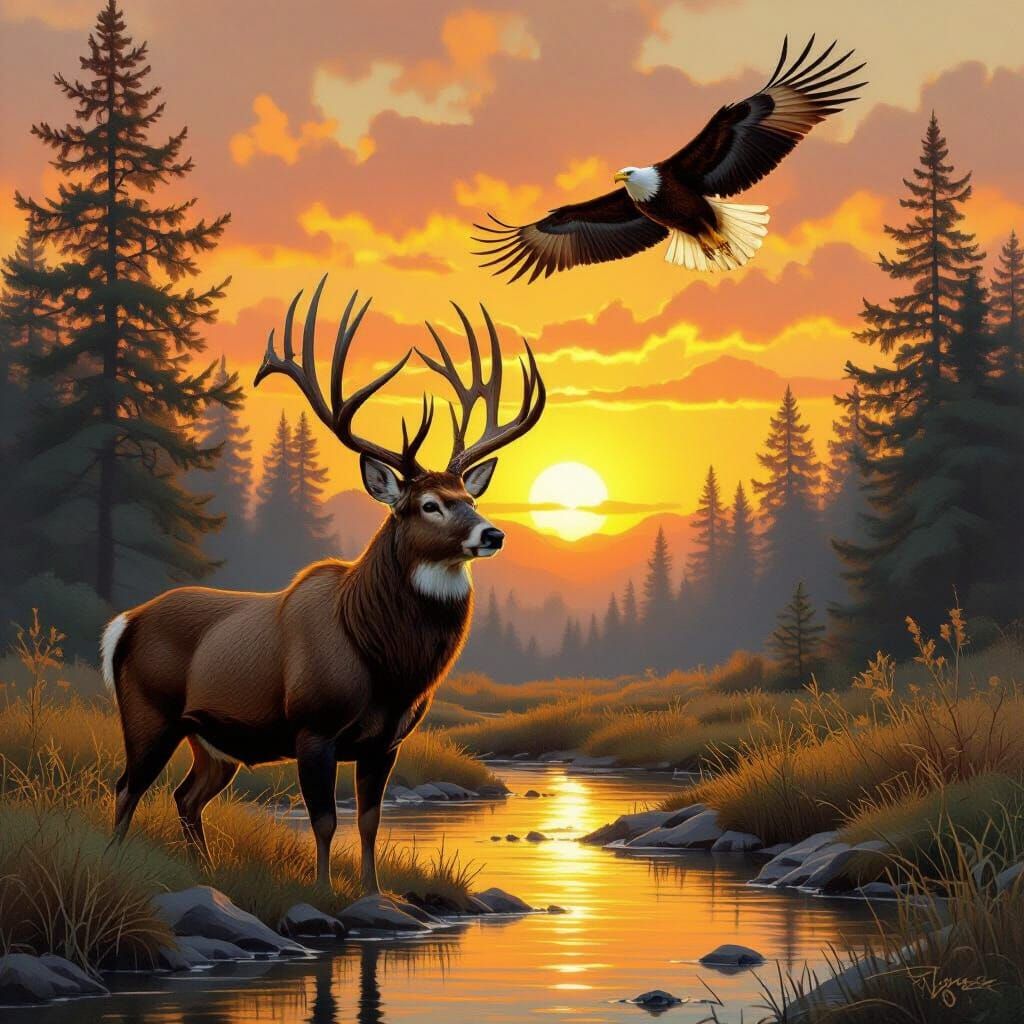 Majestic Buck, Eagle, Sunset: Realistic Wildlife Art