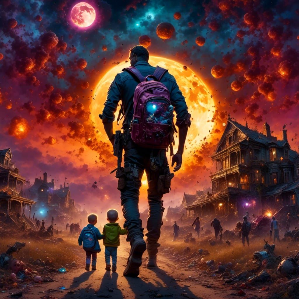 Zombie Father and Child Under Moonlight