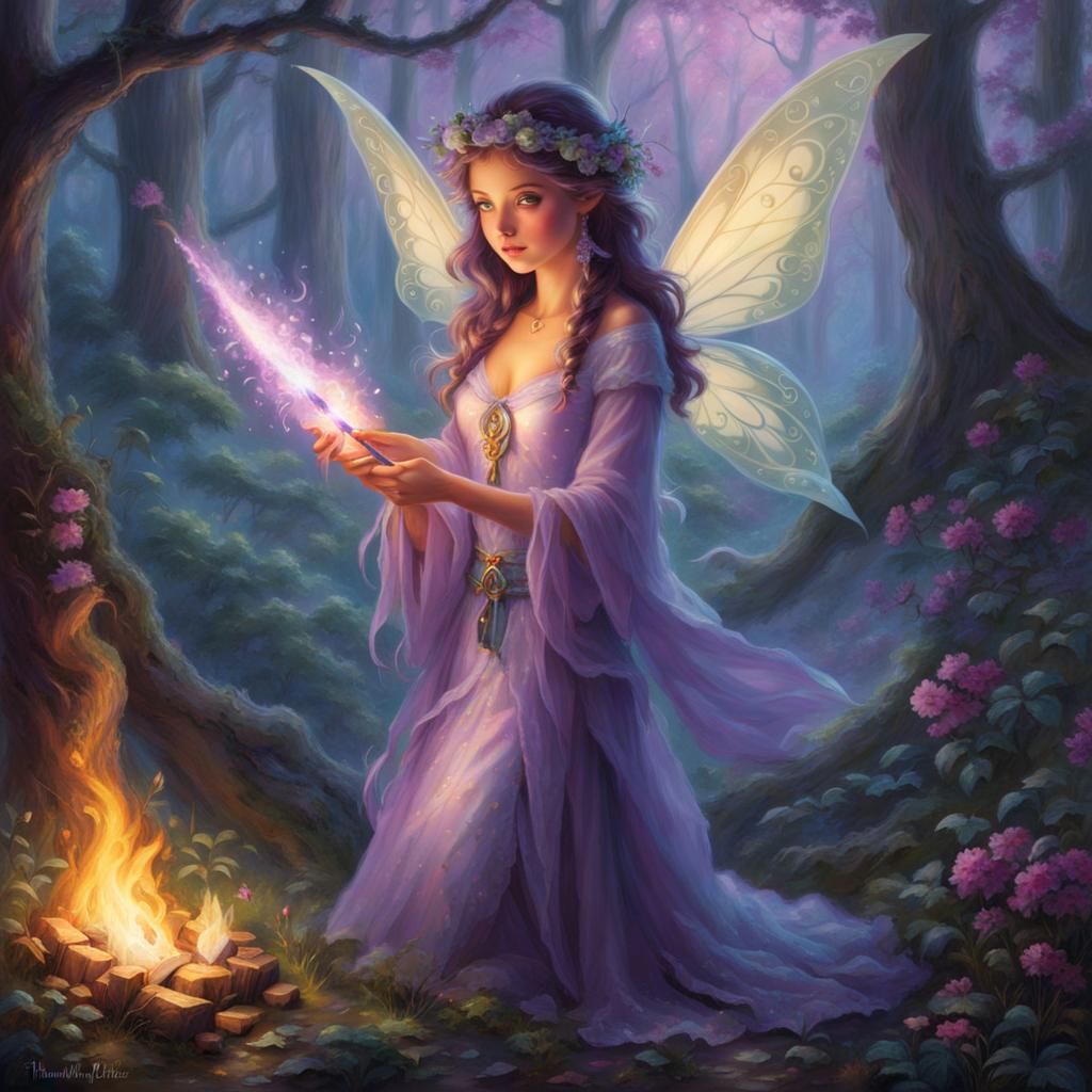 Cute Fairy Mage Casting Fire Spell in Misty Forest