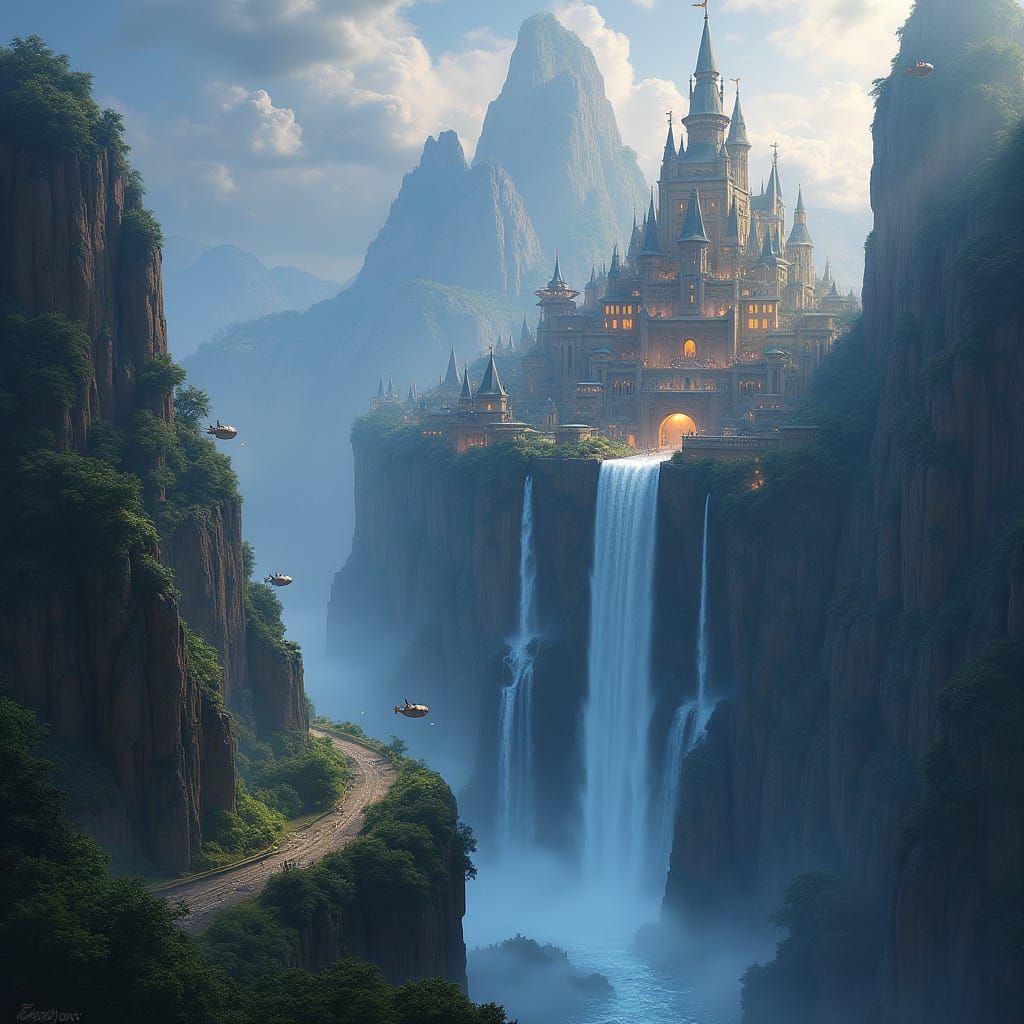 Fantasy City Carved Into Cliff With Waterfalls and Airships