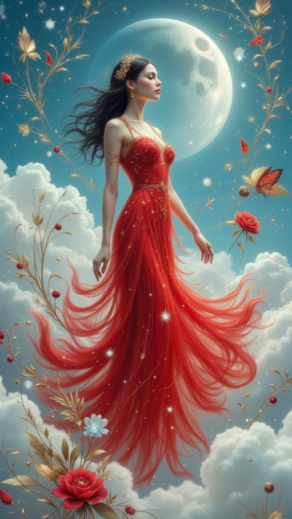 Surrealist Oil Painting of Woman in Red Gown