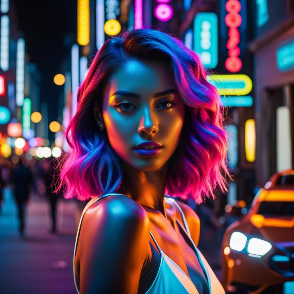 Neon Streets Filled with Beautiful Women in Hyperrealism