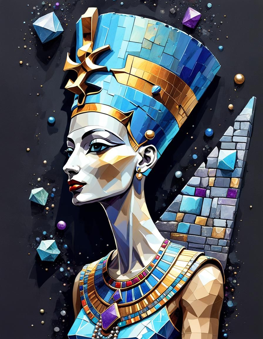 Surreal Nefertiti Collage Art with Cosmic Colors