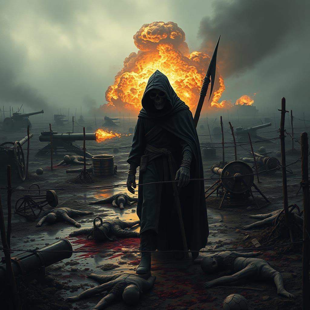 Grim Reaper in WW1 Battlefield, Surreal Scene