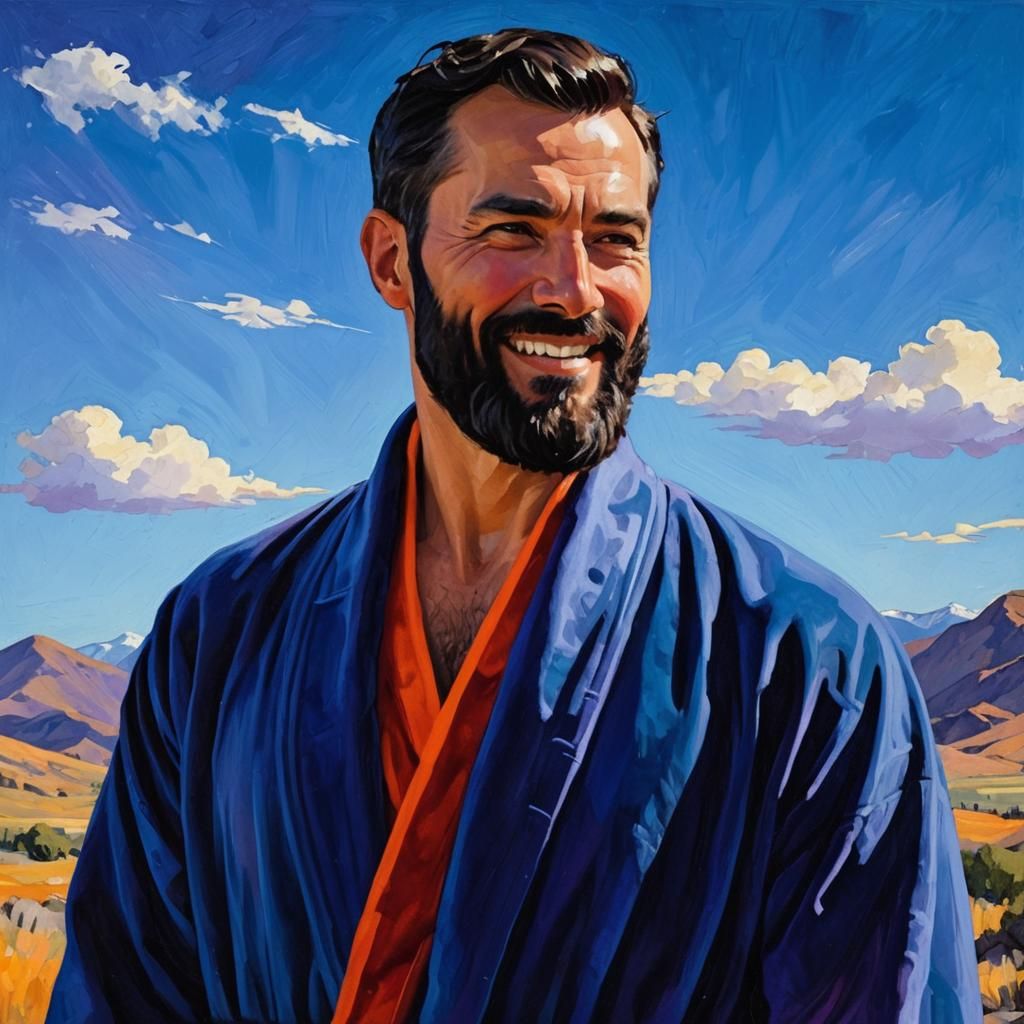 Bearded Man in Gouache Style Velvet Robes