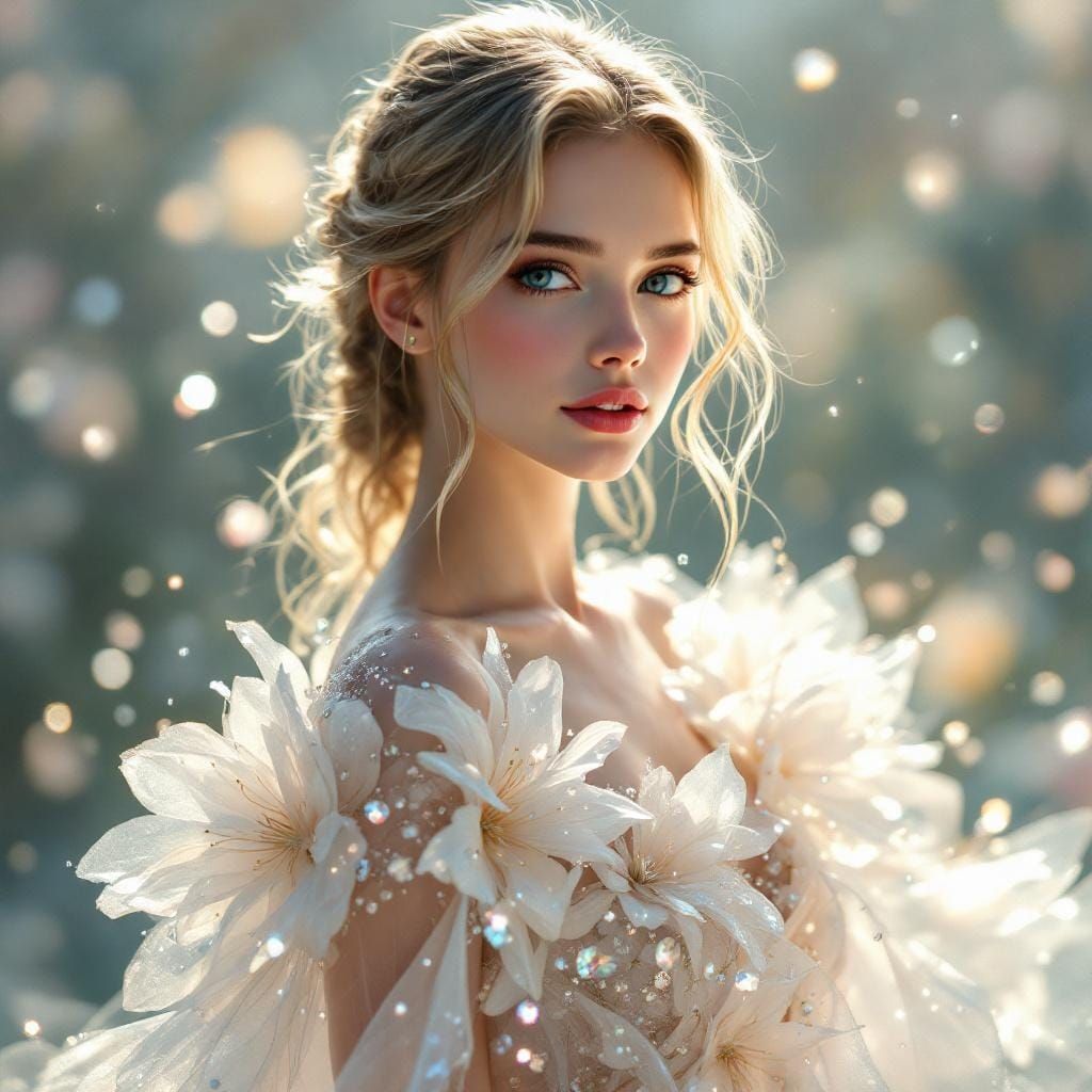 Ethereal Woman in Crystalline Gown: Digital Illustration