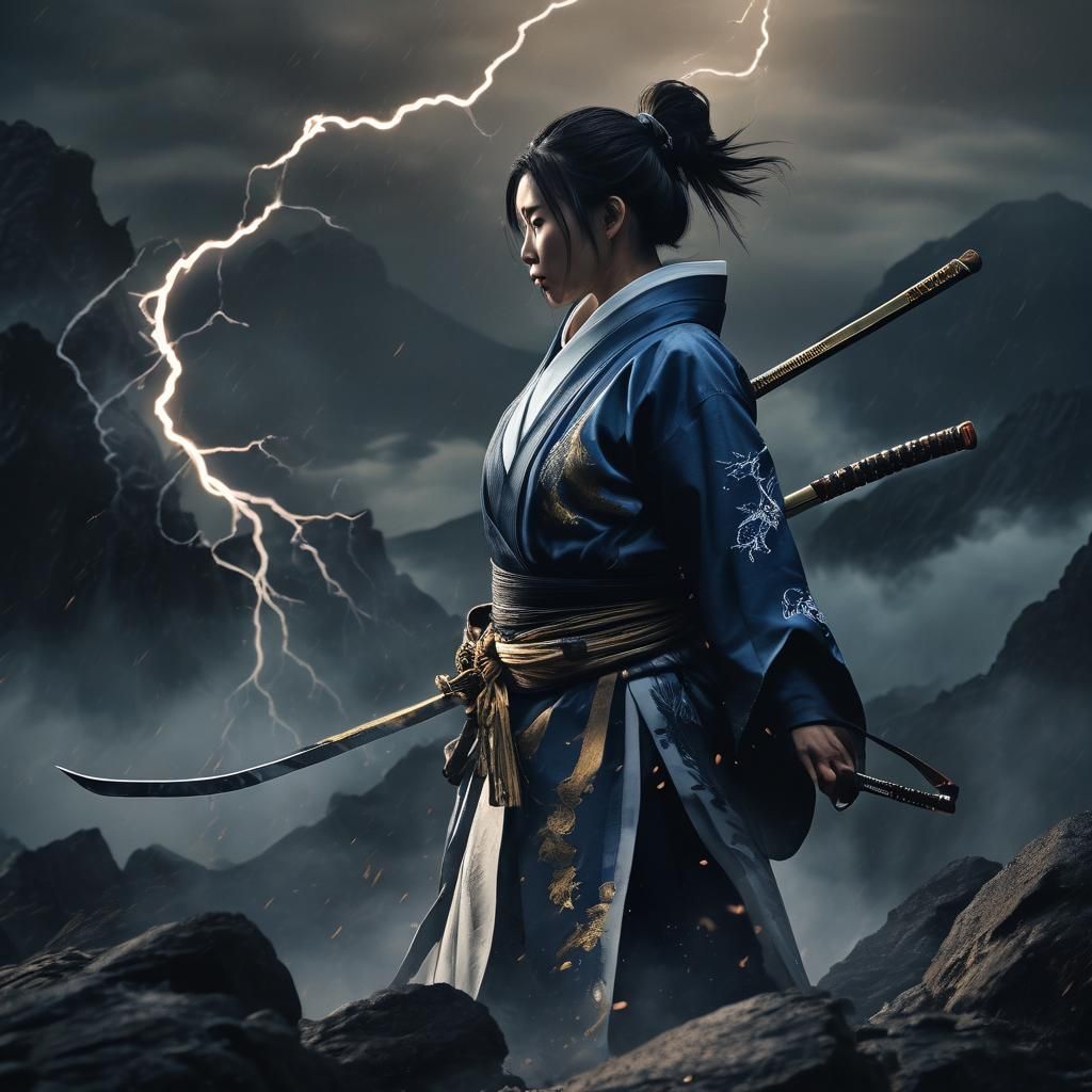 Female Samurai with Lightning Katana in Dark Fantasy Style