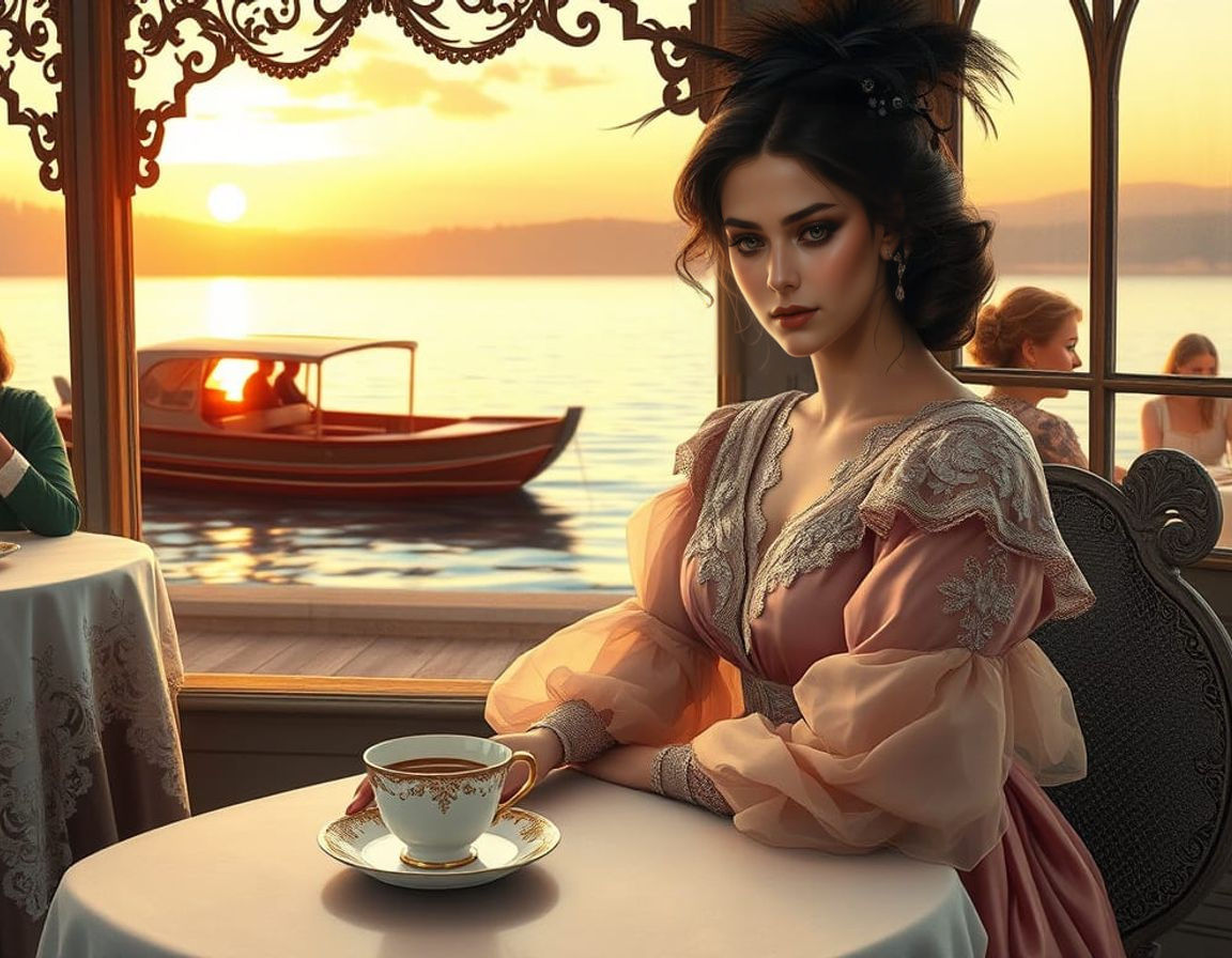 Elegant 19th-Century Lake Scene with a Languid Lady