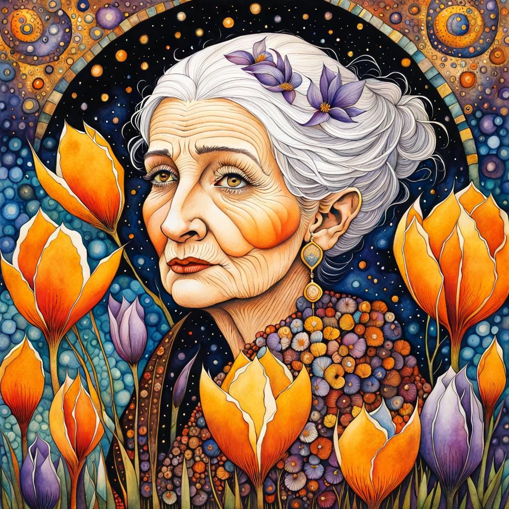 Surreal Portrait of an Old Lady with Crocuses