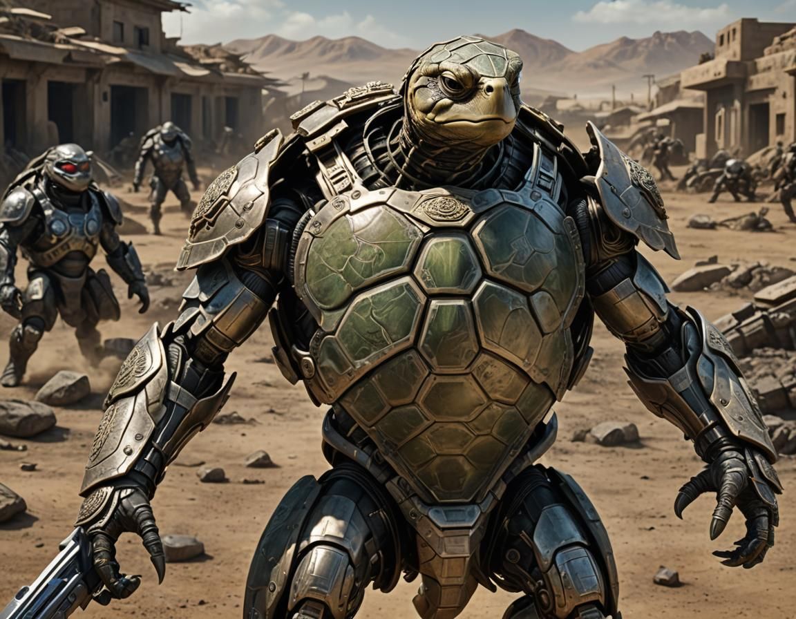 Cyborg Turtle Warrior on Battlefield in Photorealistic Style