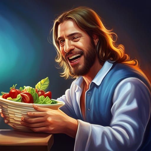 Hyperrealistic Jesus Laughing and Eating Salad