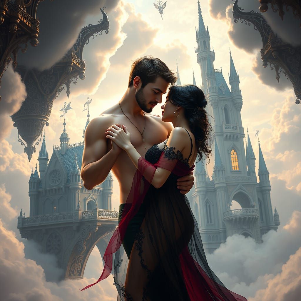 Ethereal Gothic Romance: A Castle Amidst Whispy Clouds