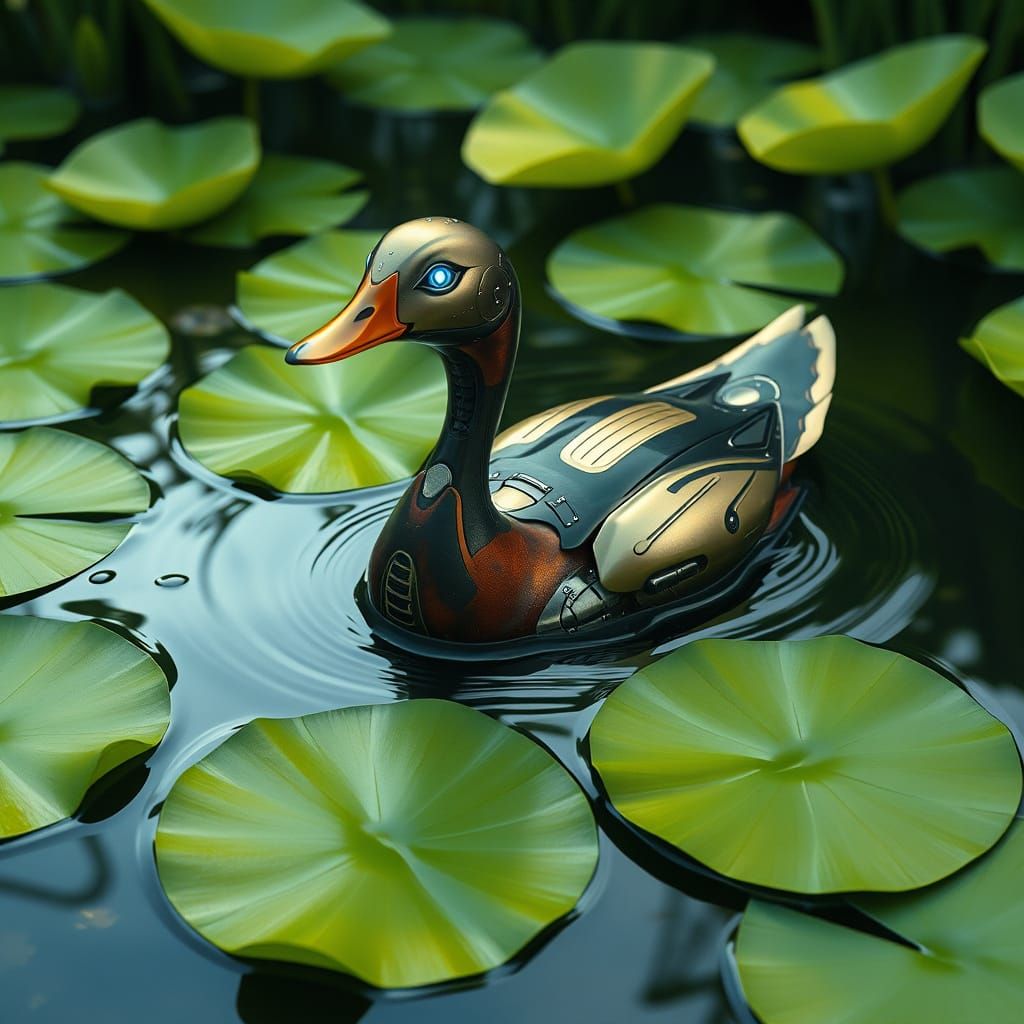 Robot Duck Swimming: Futuristic Natural Scene