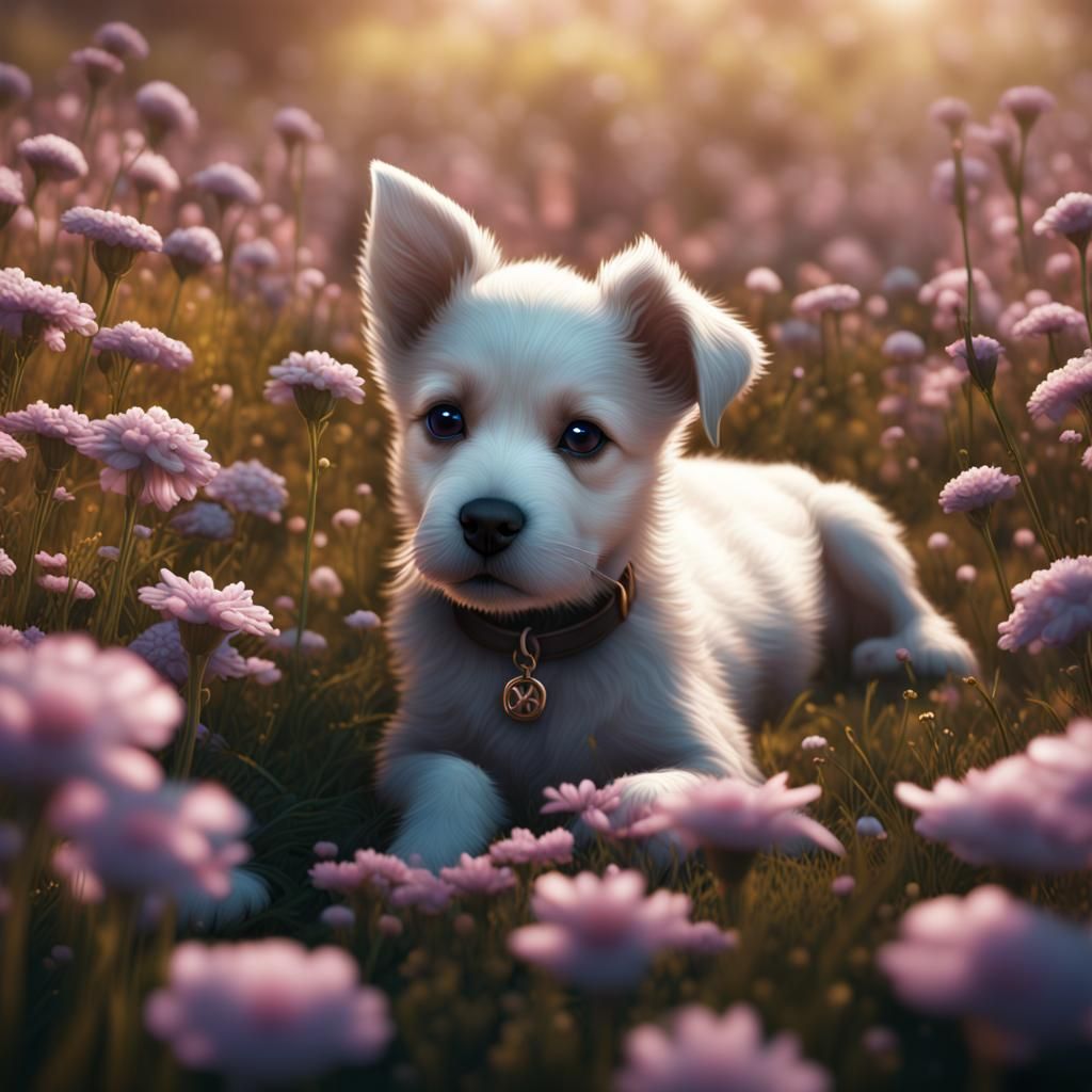 Puppy in a Flower Field: Fantasy Concept Art