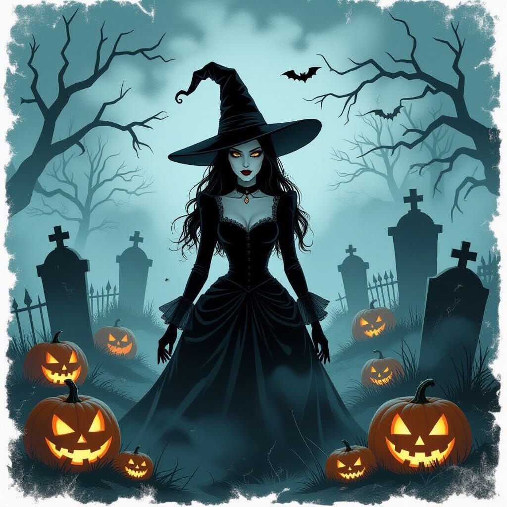 Spooky Witch in Graveyard, Gothic Horror Art