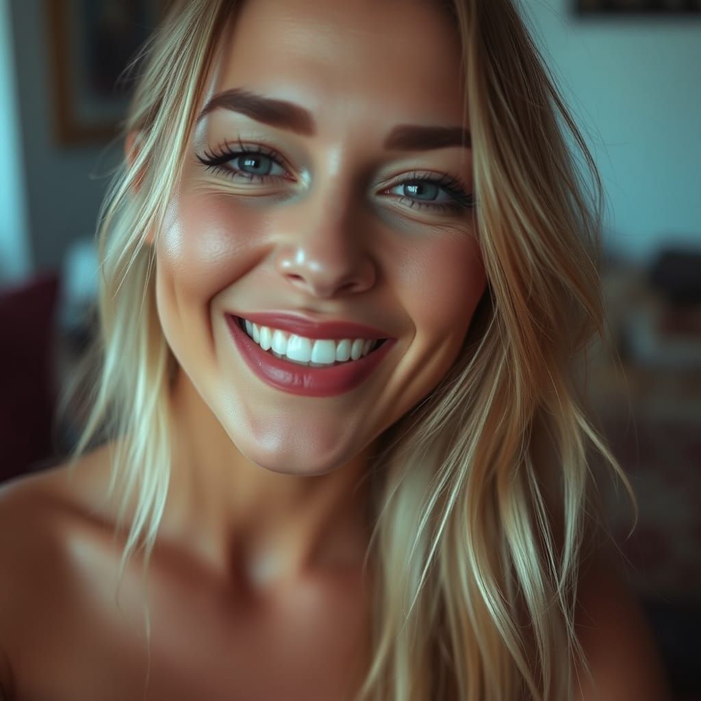 Beautiful Woman Close-Up, Trying Not to Laugh