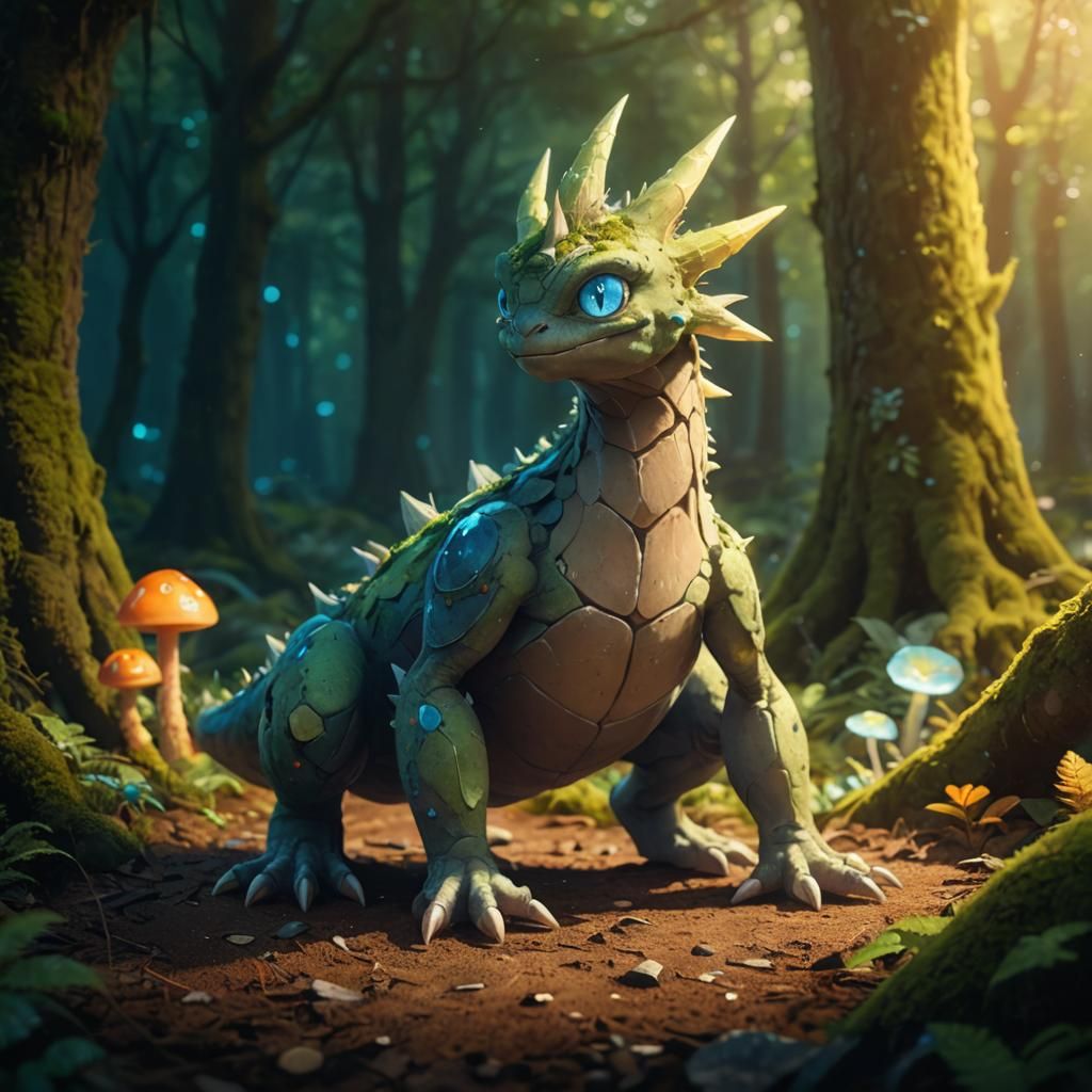 majestic cute rock monster, in a forest floor, with blue eyes; 4k hd 3d cinematic, surrounded by ground-type pokemons