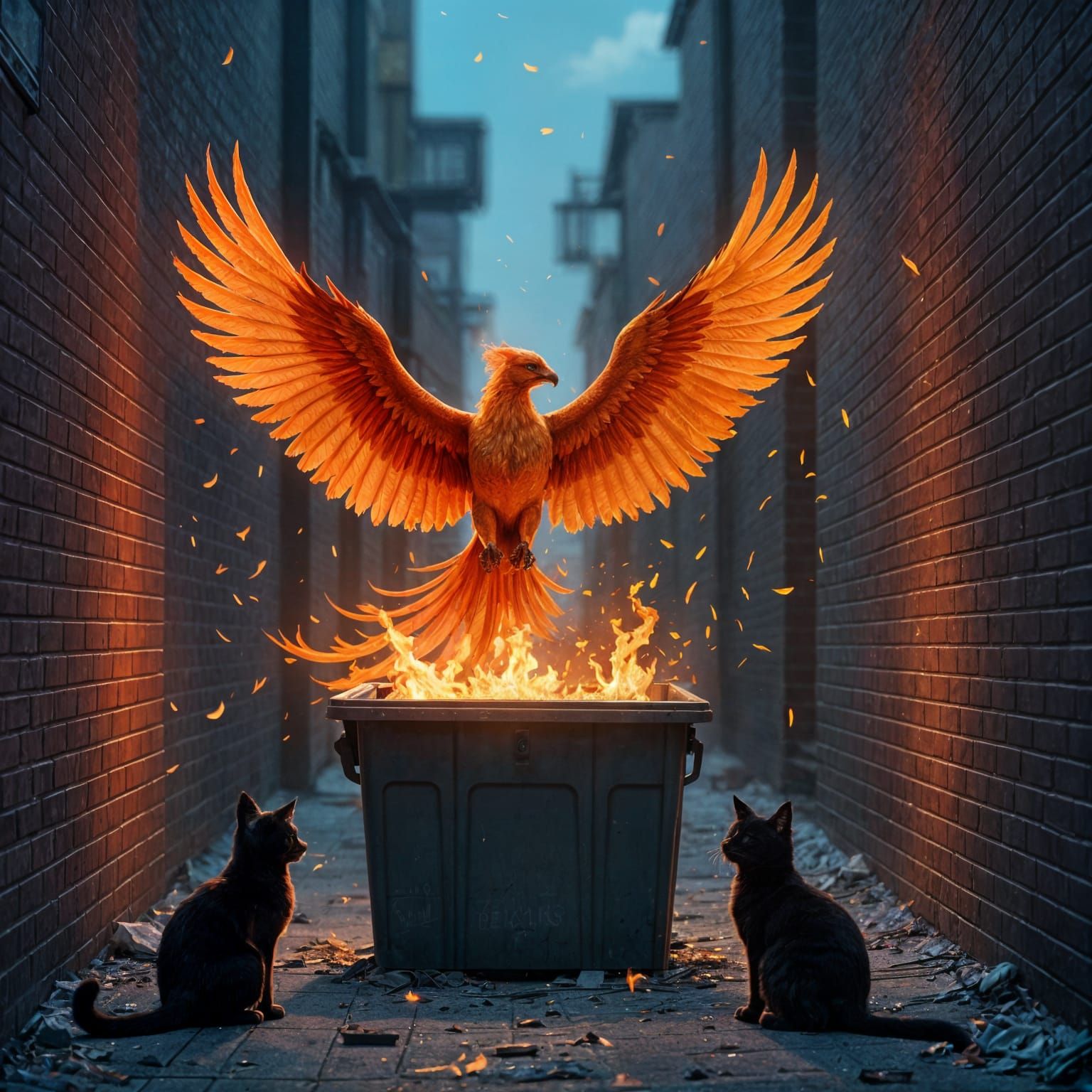 Phoenix Rises from Dumpster Fire in Alley