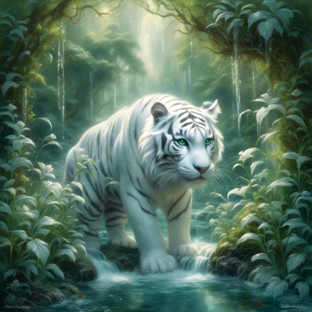Ethereal White Tiger in Jungle Stream