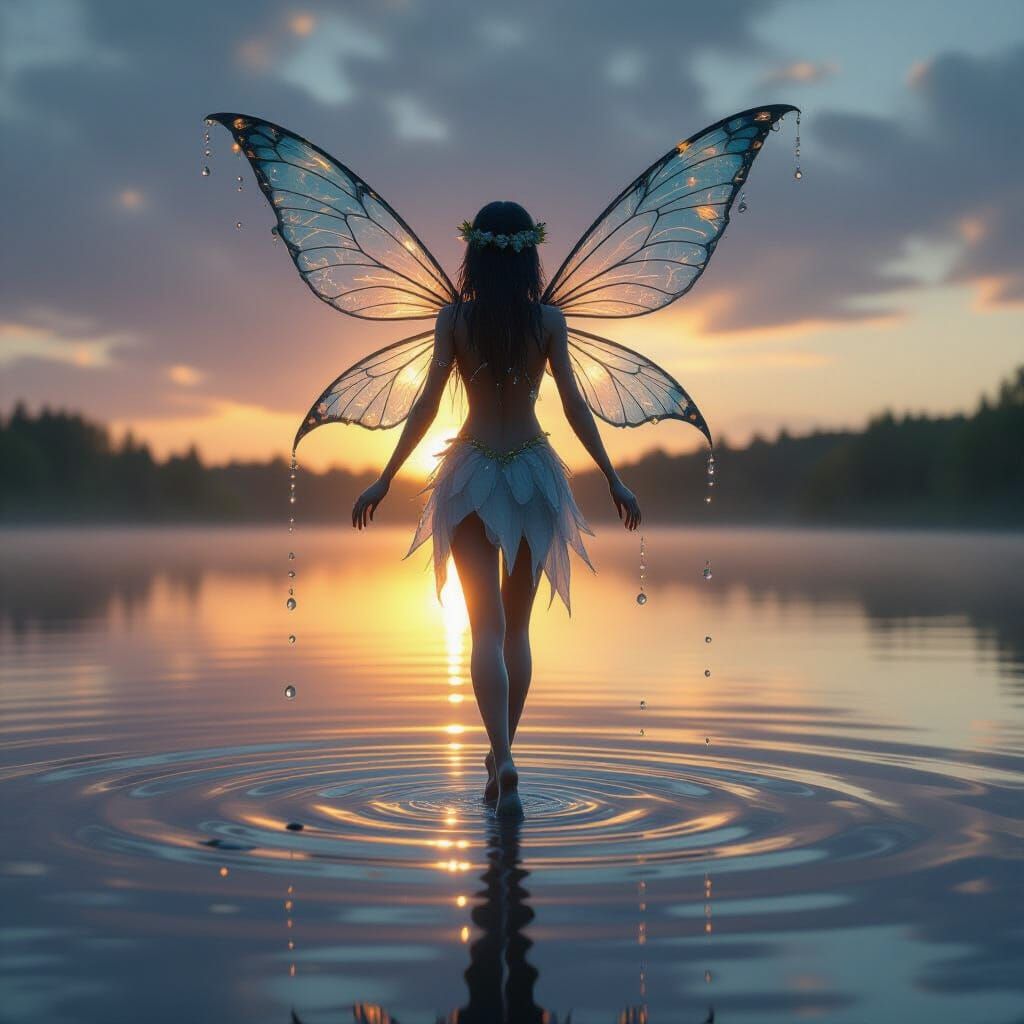 Liquid Water Fairy Hovering Over Shimmering Lake at Dawn