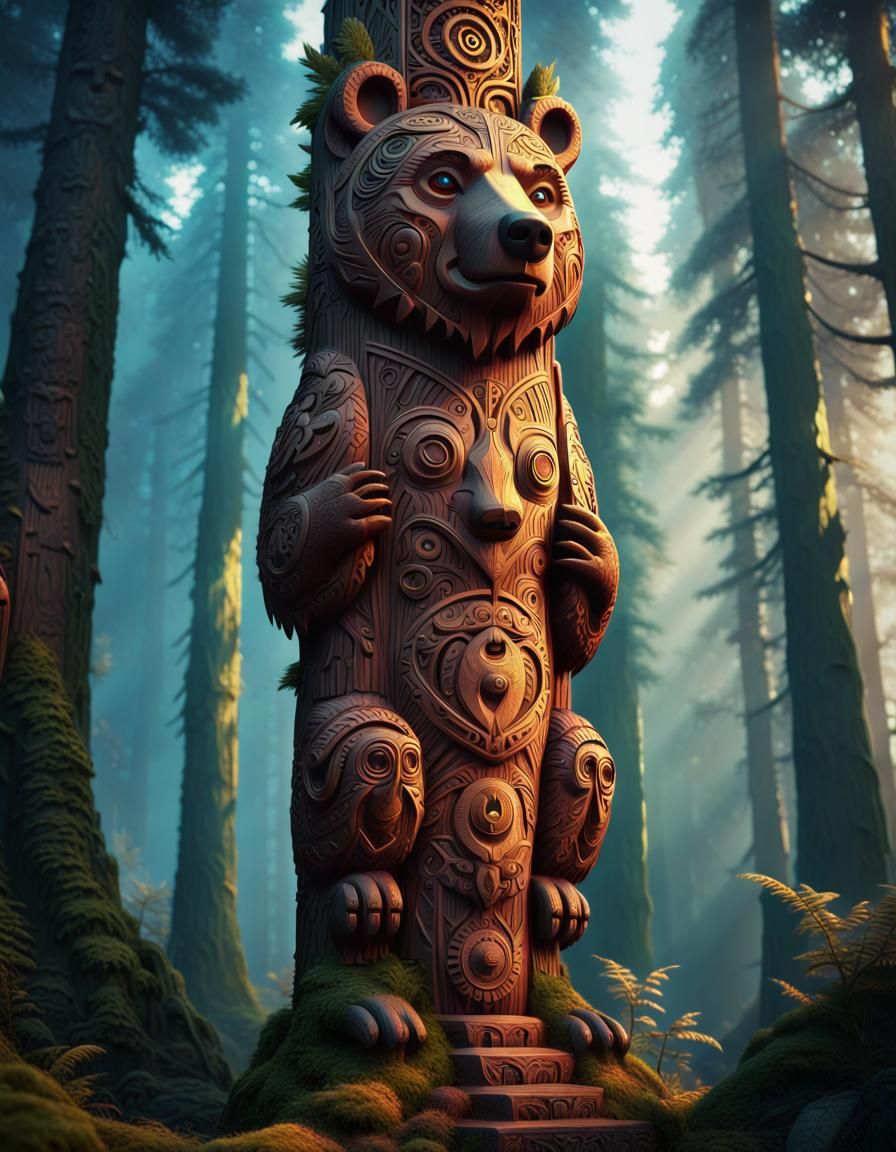 Intricately carved Bear Clan Totem Pole, high contrast, hyperdetailed, detailed matte painting, deep color, fantastical,...