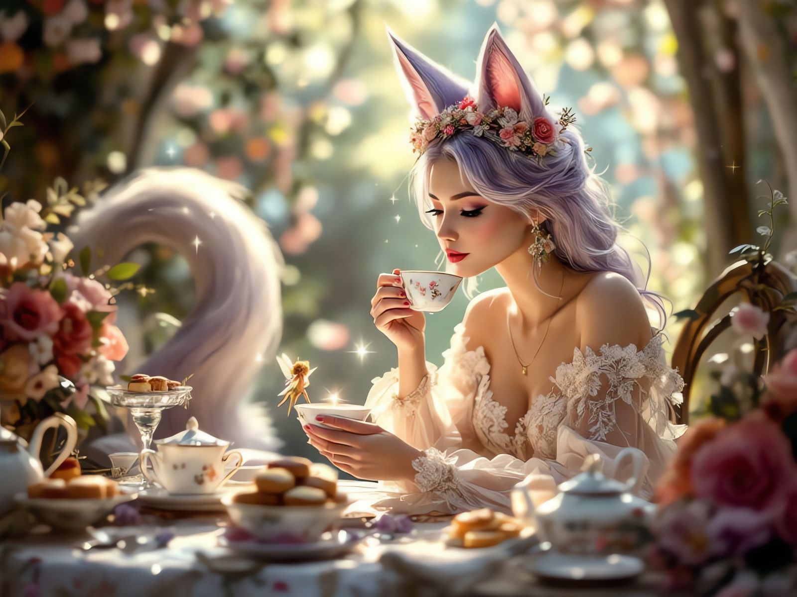 Fox-Eared Woman Enjoying Tea, Art Nouveau Style