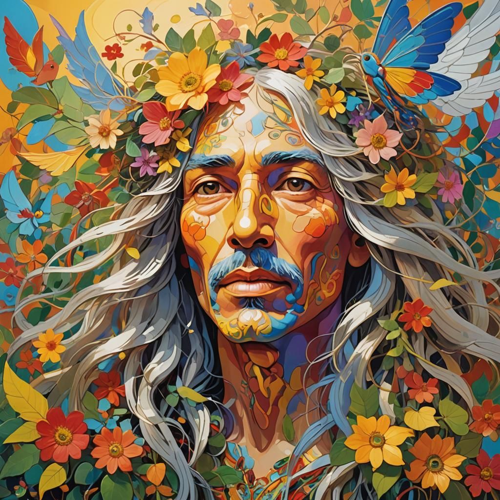 Botanical Folk Art Portrait of Winged Humanoid