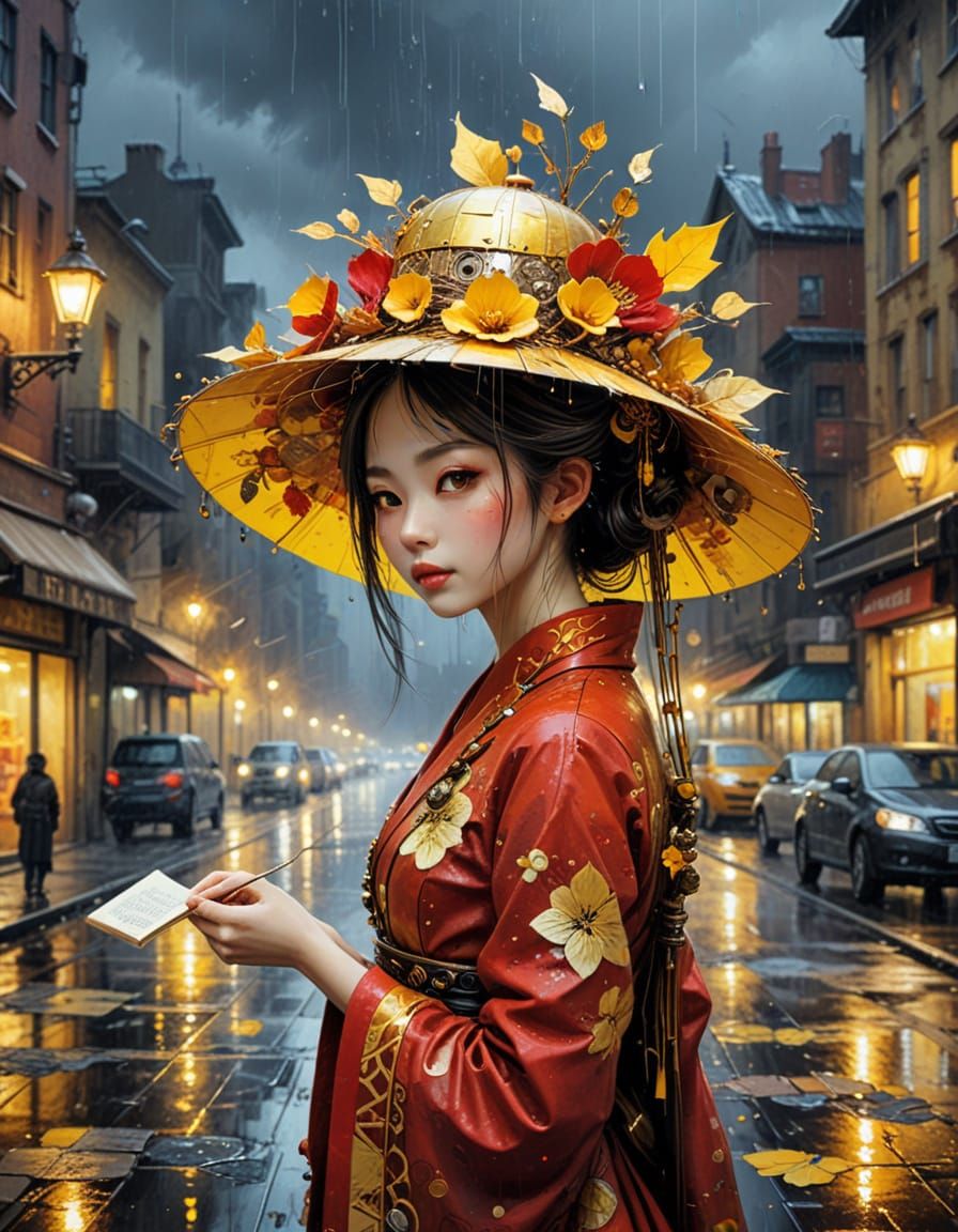 Steampunk Oiran in Red Dress with Creative Headwear