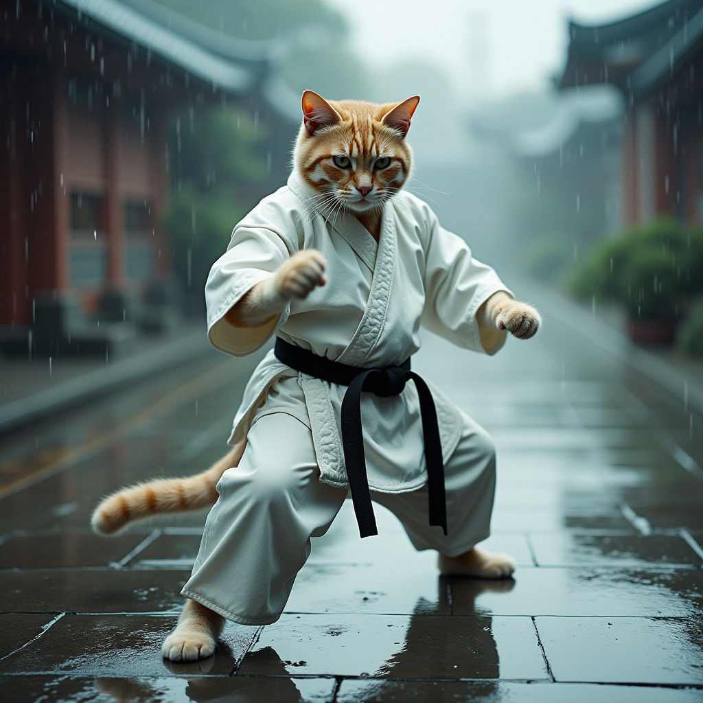 Majestic Karate Cat in Kimono on Wet Stone