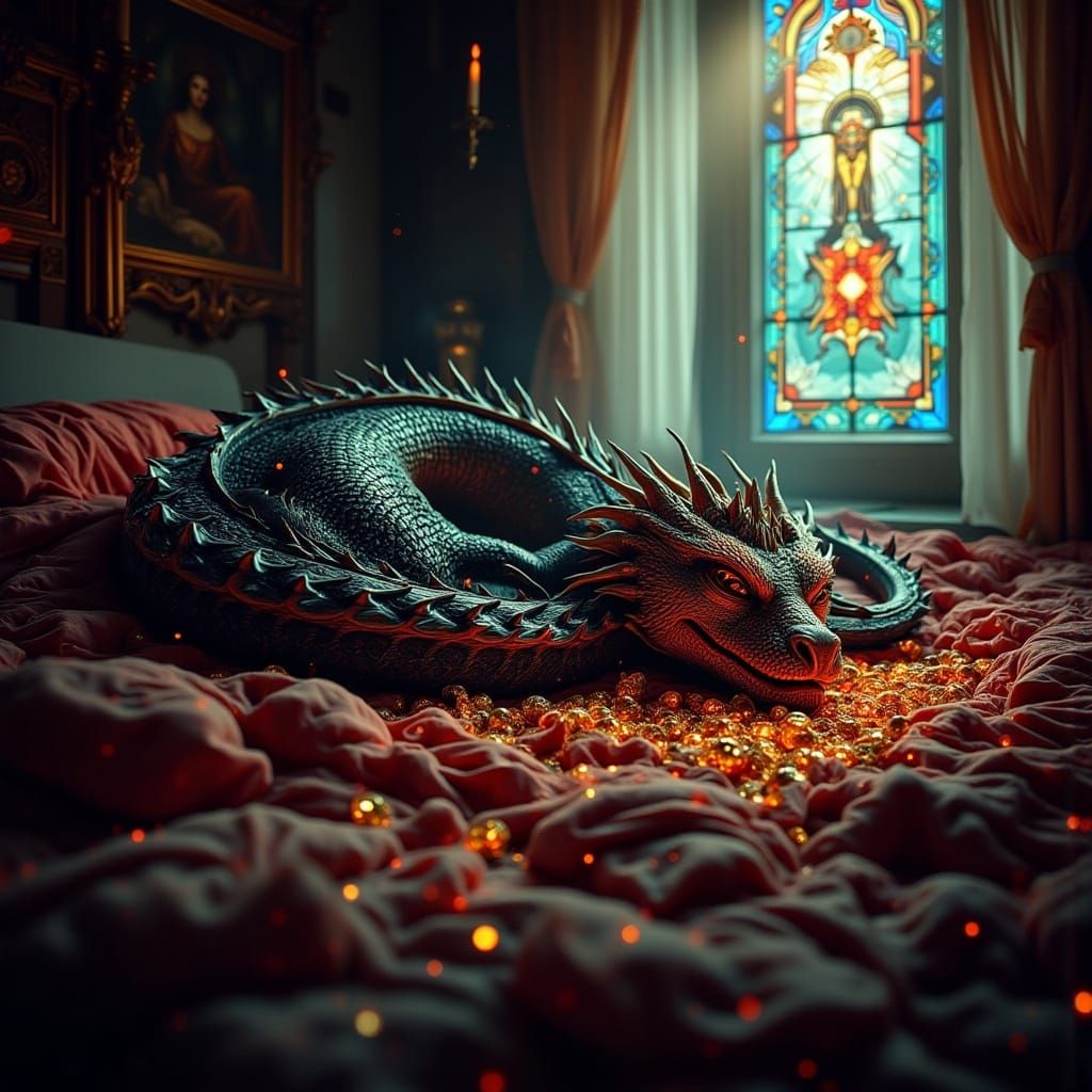 Iridescent Dragon in Hoard, Cel-Shaded Anime Style