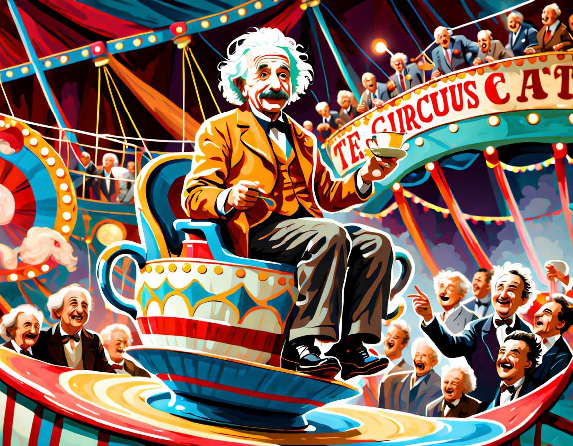 Albert Einstein riding the tea cups